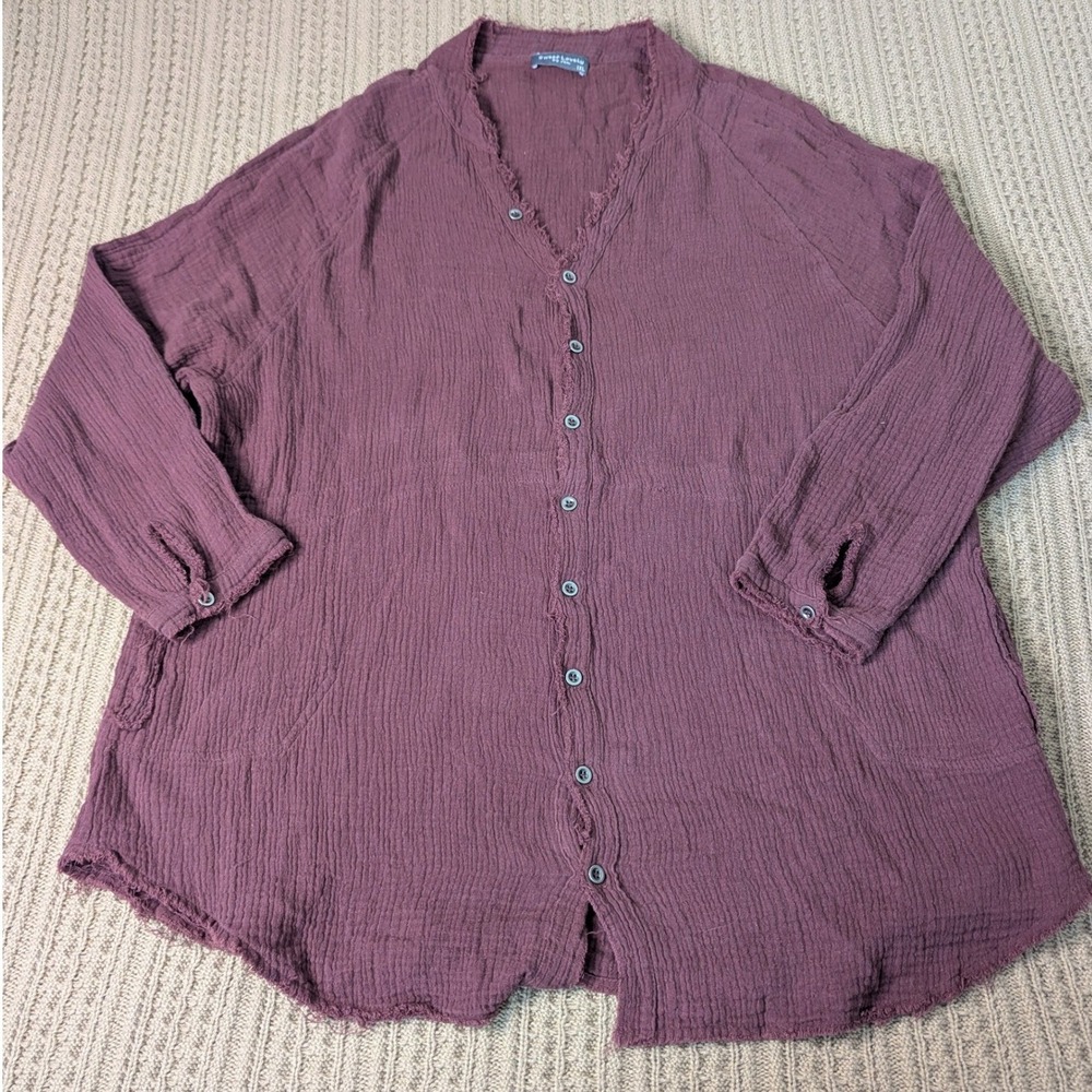 Sweet Lovely by Jen Burgundy Cotton Gauze Raw Edge Button Down Top 1XL